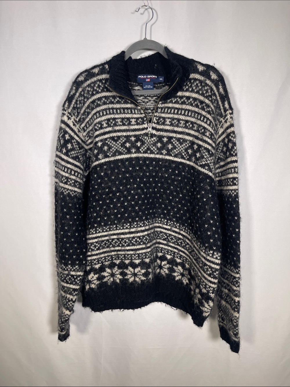 POLO SPORT RALPH LAUREN MENS BLACK WHITE QUARTER ZIP SWEATER VINTAGE WOOL XXL